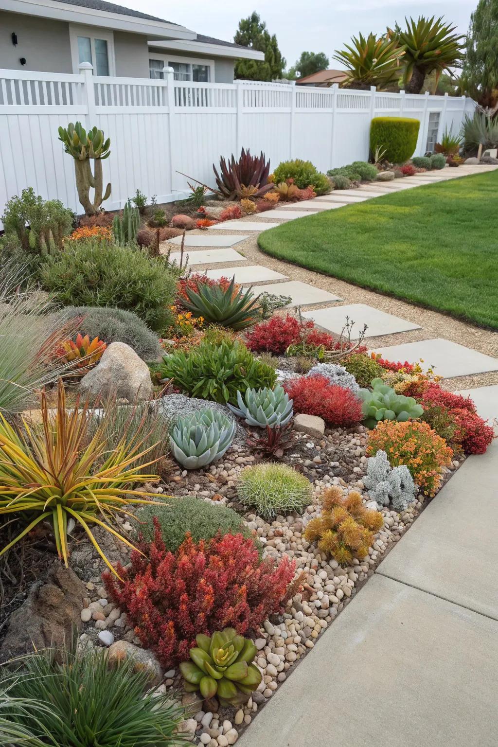 Unique plant pairings add intrigue to a xeriscape front garden.