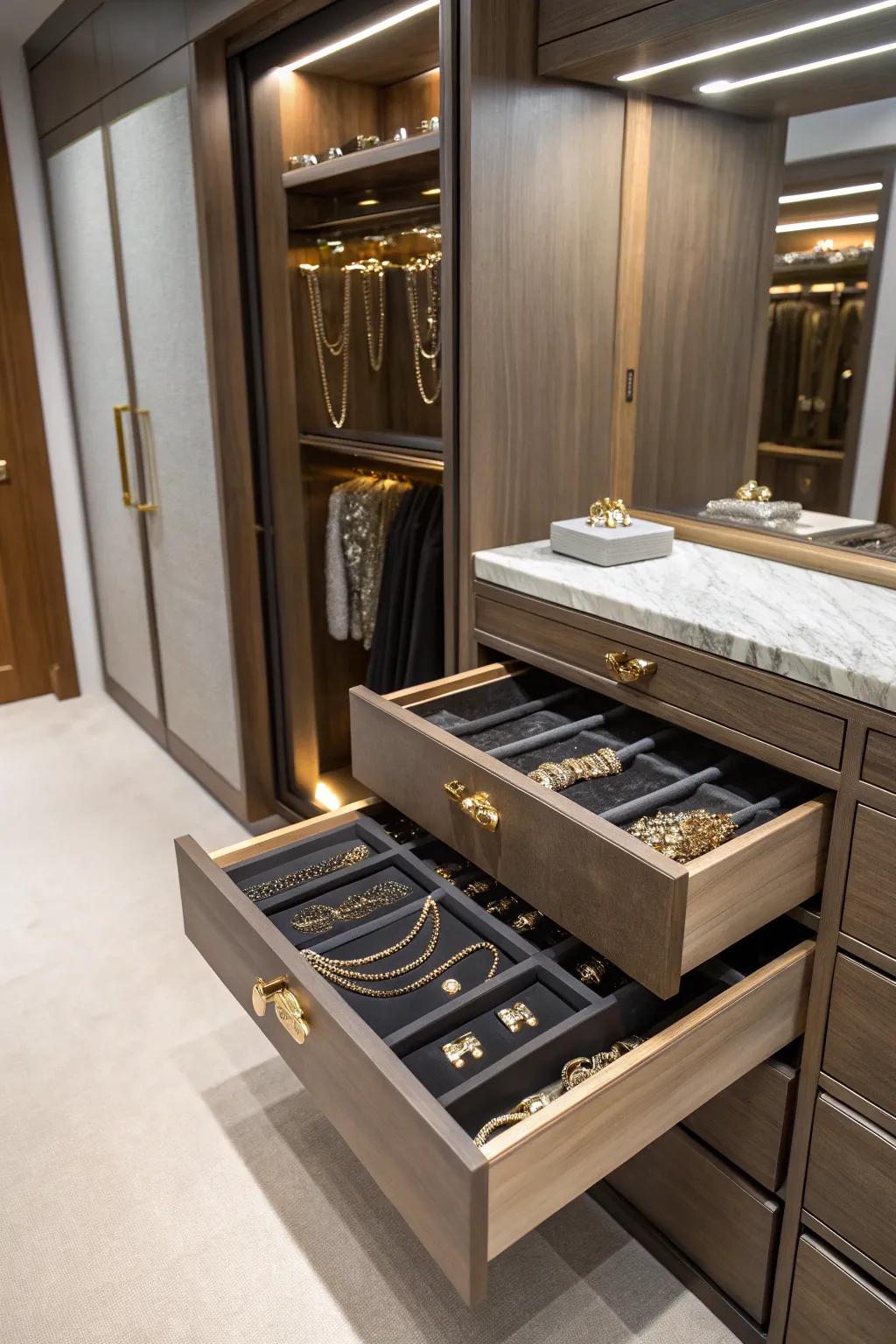 Concealed compartments furnishing secure stowage for jewels.