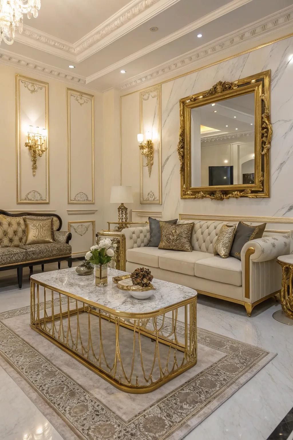 The timeless pairing of stone and gold radiates luxury in this lounge.