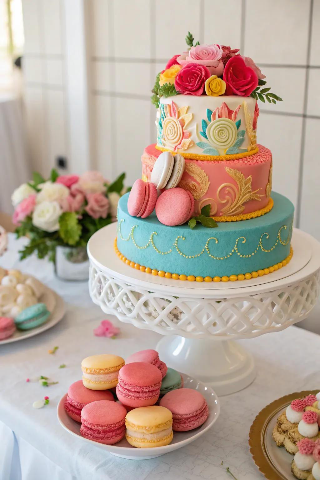 A cake featuring macarons as ornamental embellishments.