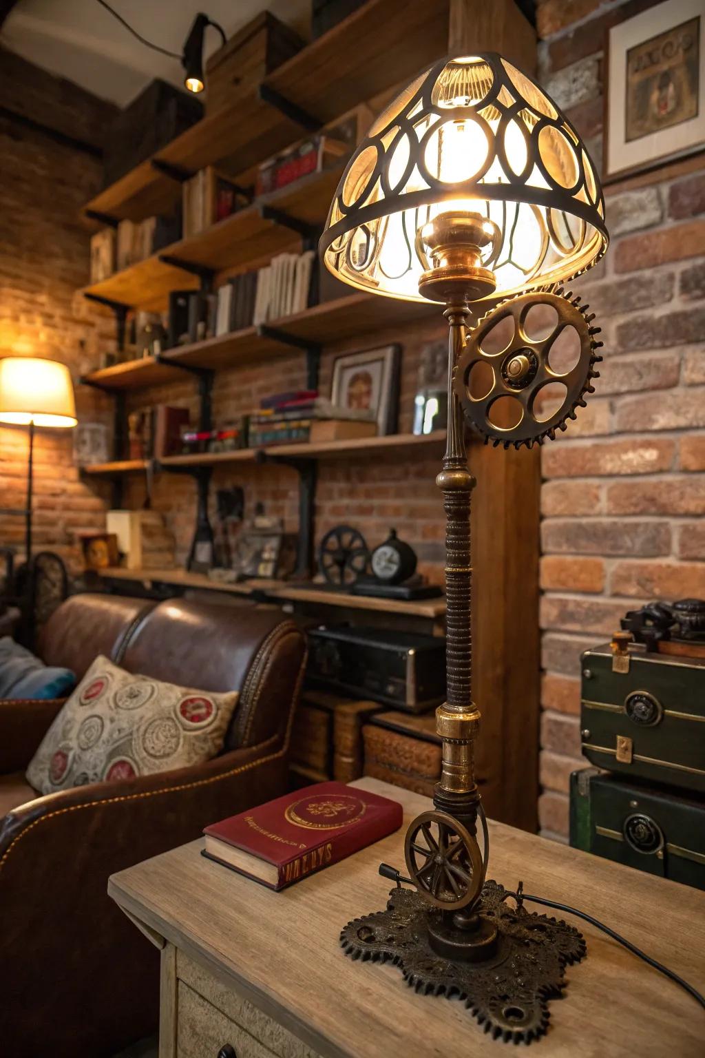 A steampunk lamp adds charm and warmth to the decor.