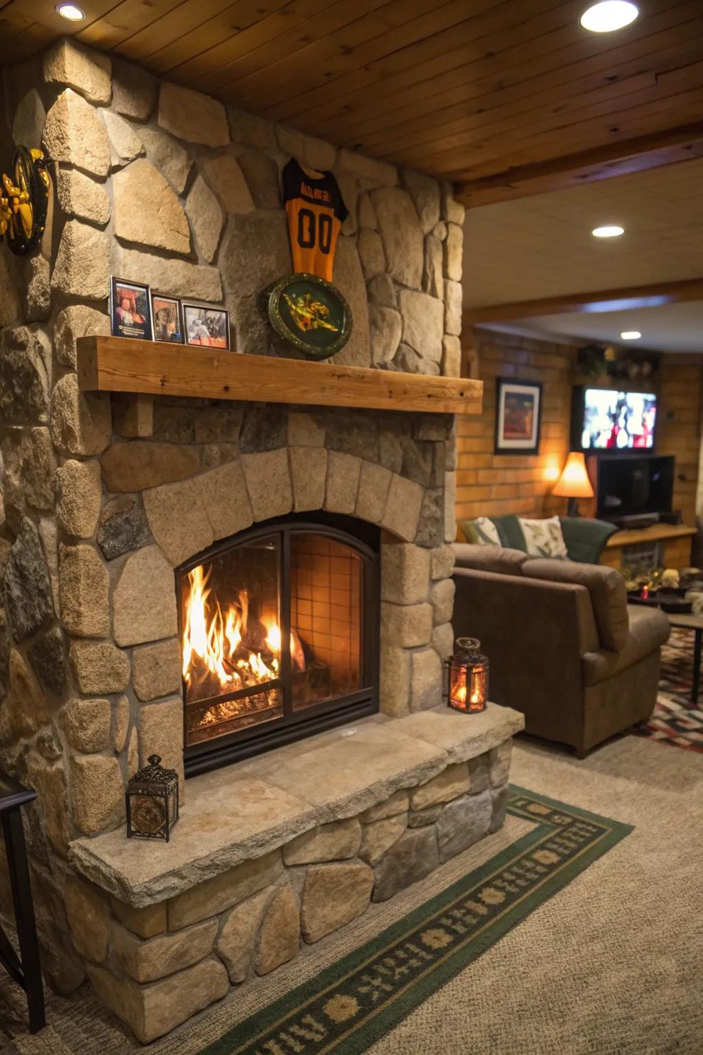 A cozy indoor fire pit boosting the vibe in a man cave.