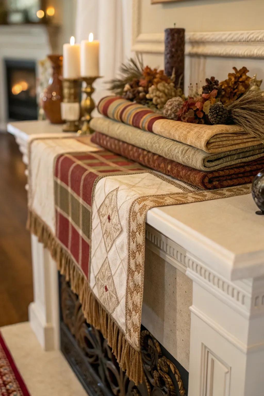 Stacked textiles bring softness and color to the mantel decor.