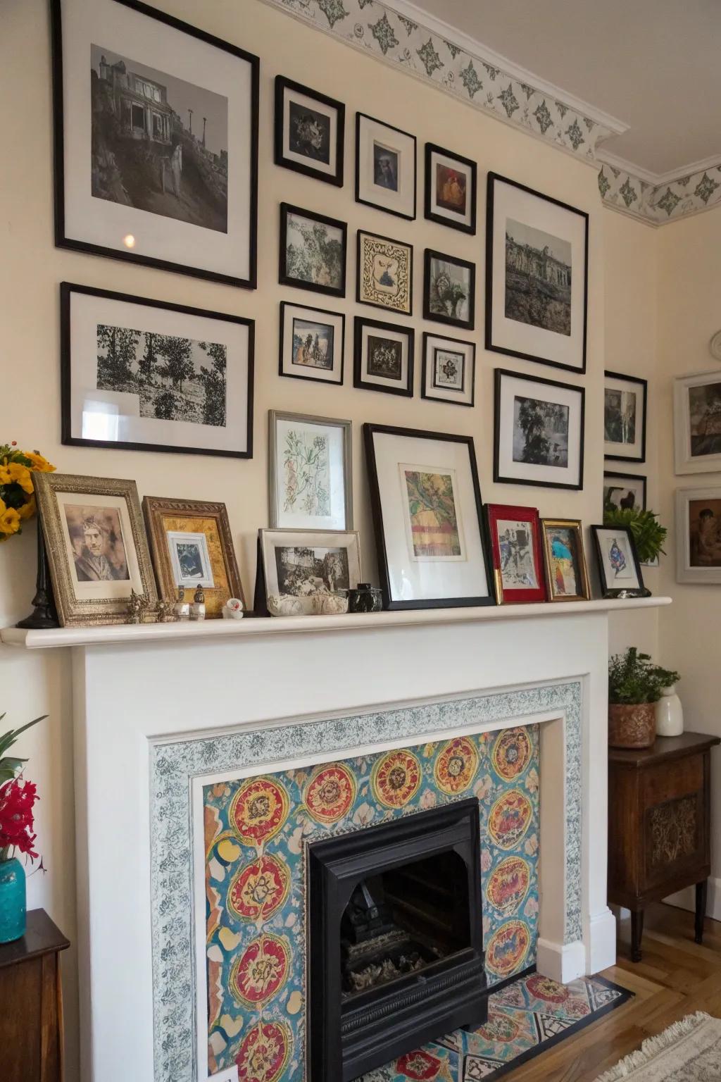 A gallery wall emphasizes the mantel as a point of interest.