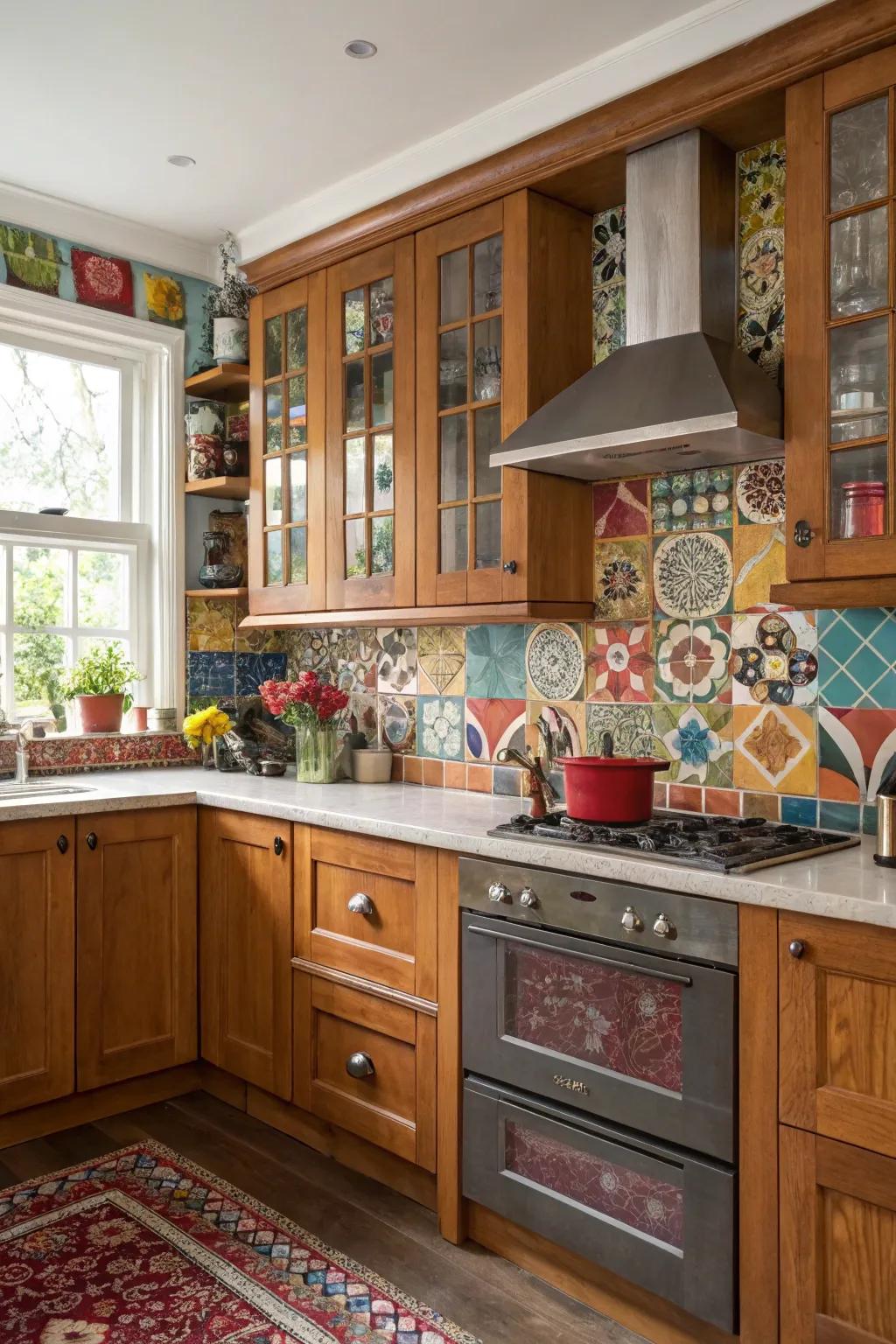 A diverse kitchen with birch units and a striking backsplash for a stunning look.