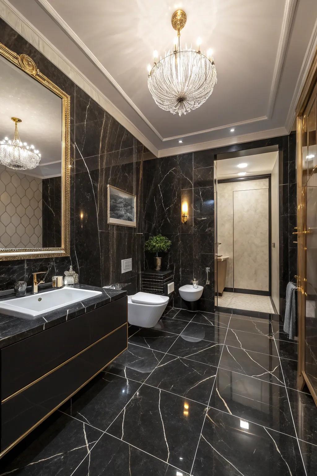 Dark artificial marble stone surfaces creating a dramatic and chic bathroom atmosphere.