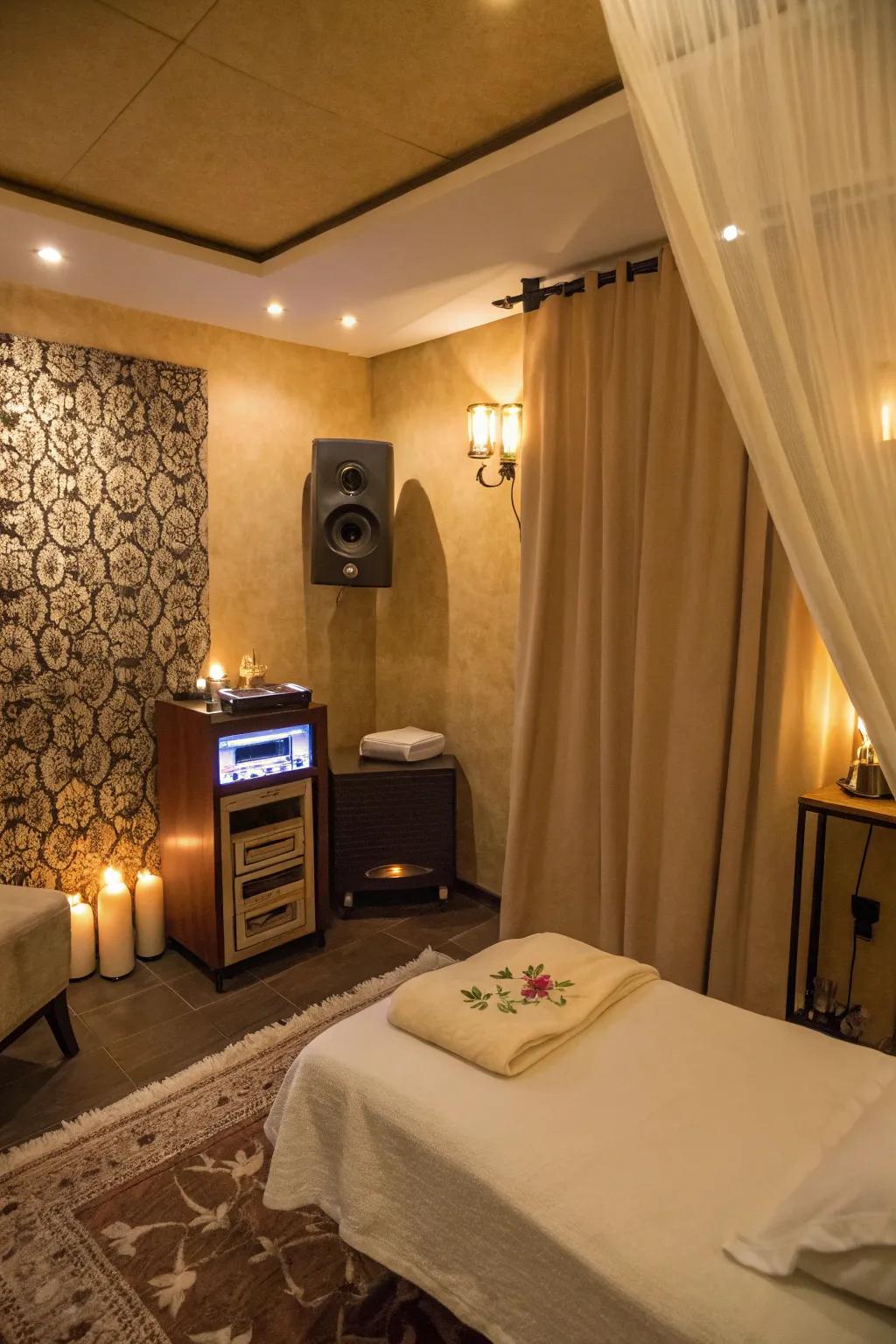 A massage space with a sound system giving soothing ambient music.
