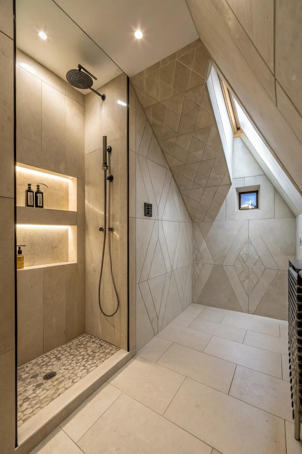 A walk-in shower utilizing architectural contours.