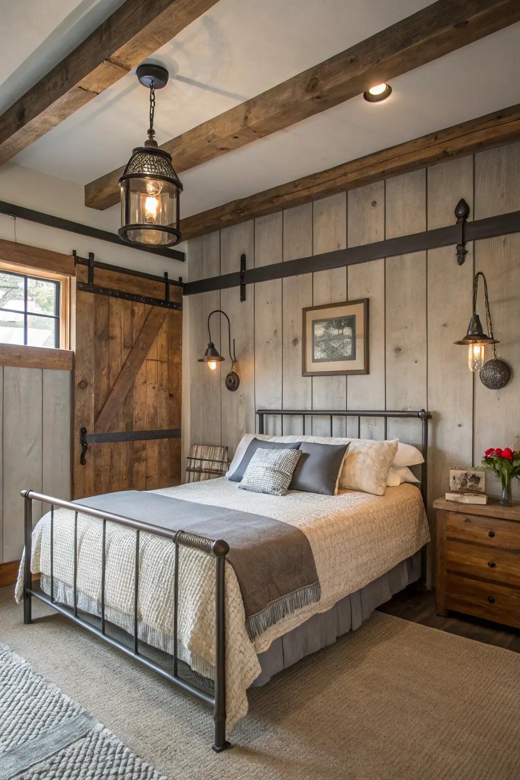 Modern spin through industrial-inspired highlights in a country-style bedroom