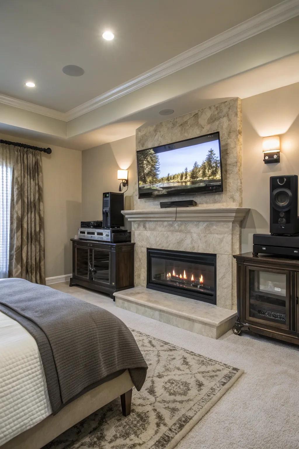 A TV over the hearth unifies usefulness using panache.