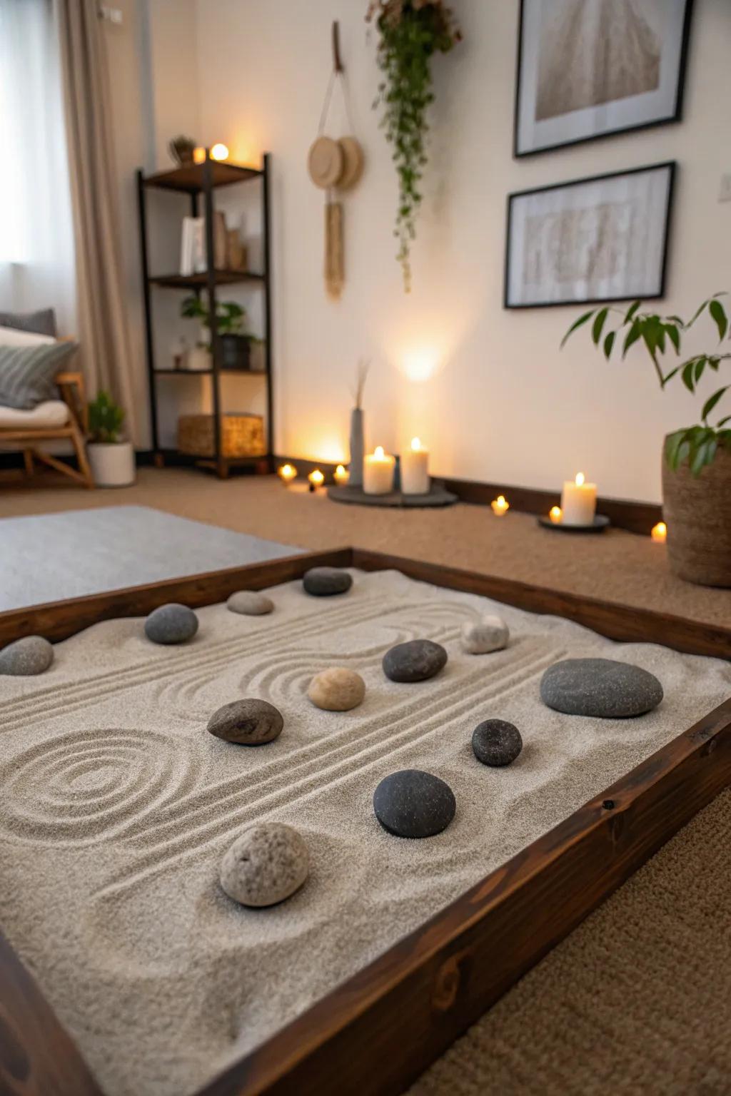 A meditation space exhibiting a DIY Zen rock garden.