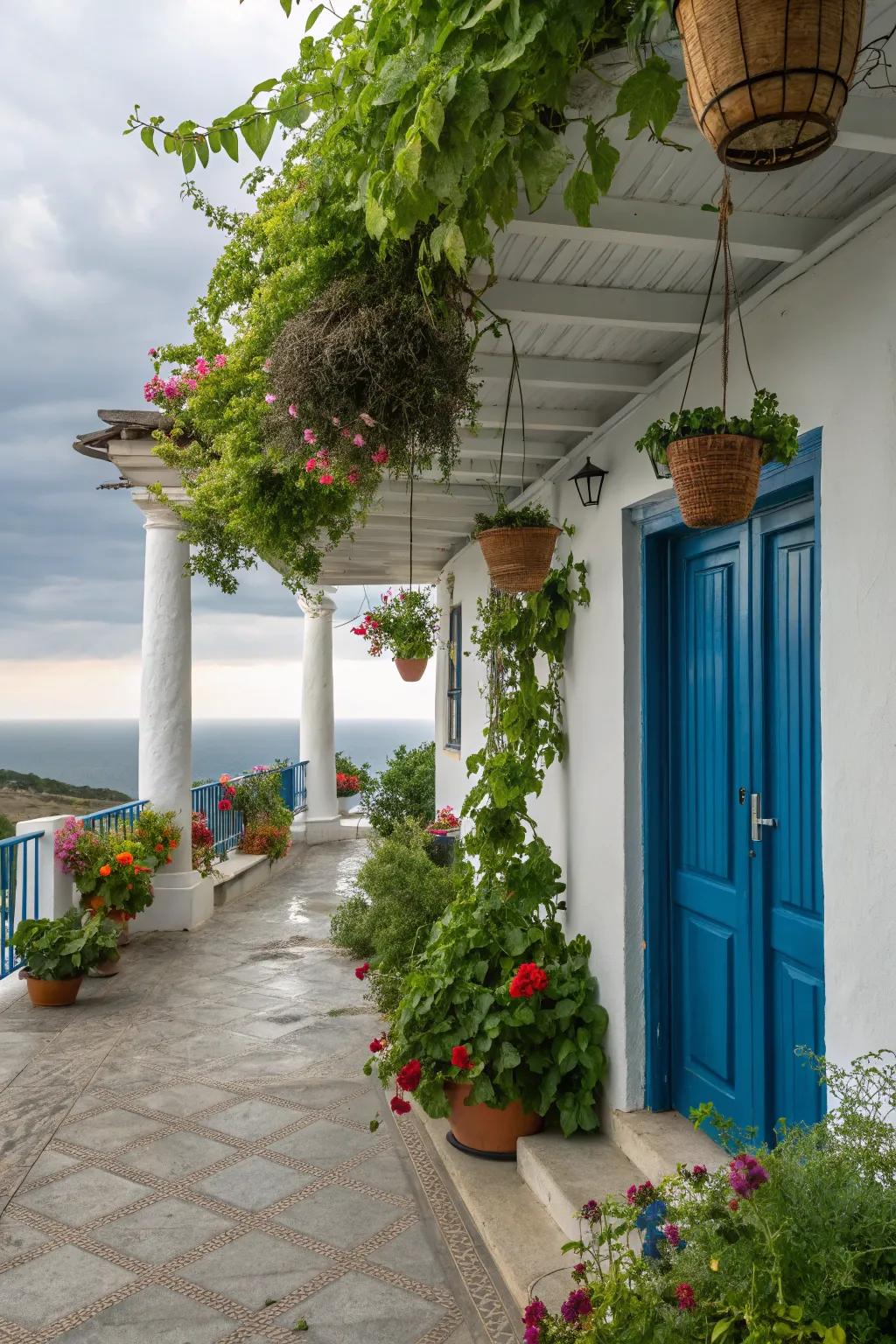 Suspended gardens convey profundity and lush verdure to the veranda.