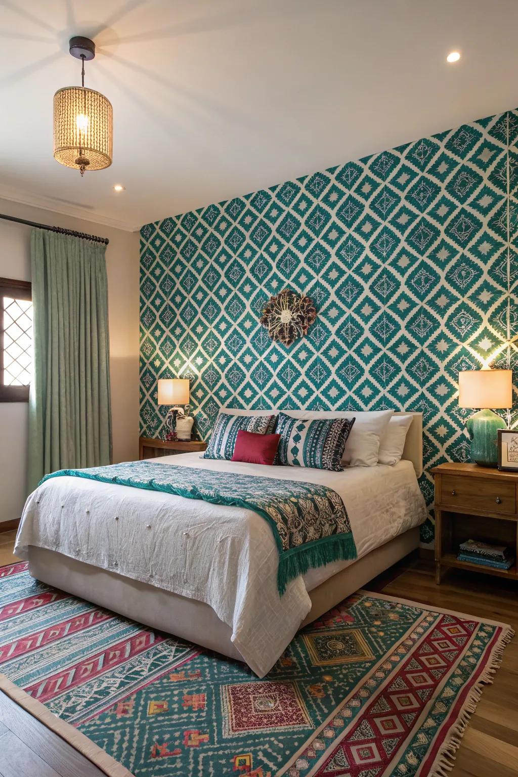 A boudoir showcasing strong patterned wallpaper.