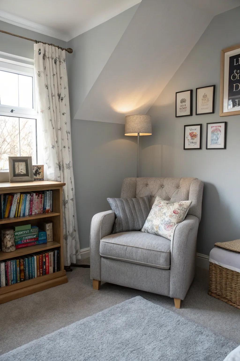 A cozy reading nook offers a perfect spot to relax in the grey bedroom.