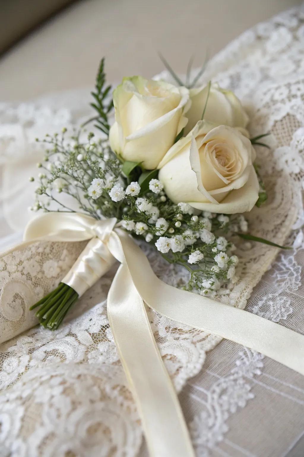 Pale rose and whispering blooms offer a traditional match.