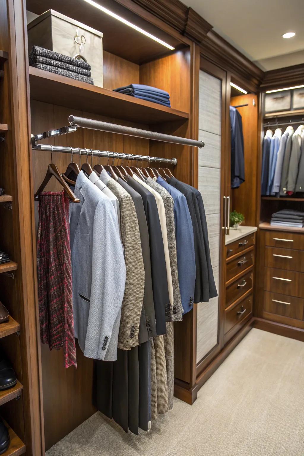 A useful valet pole for simplistic garment preparation.