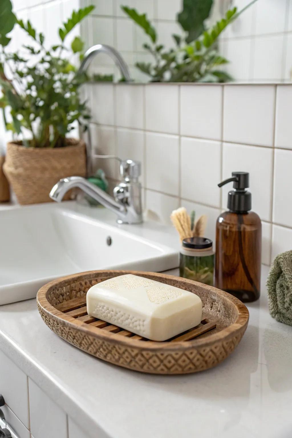 A bespoke soap dish gives off an artisan touch.