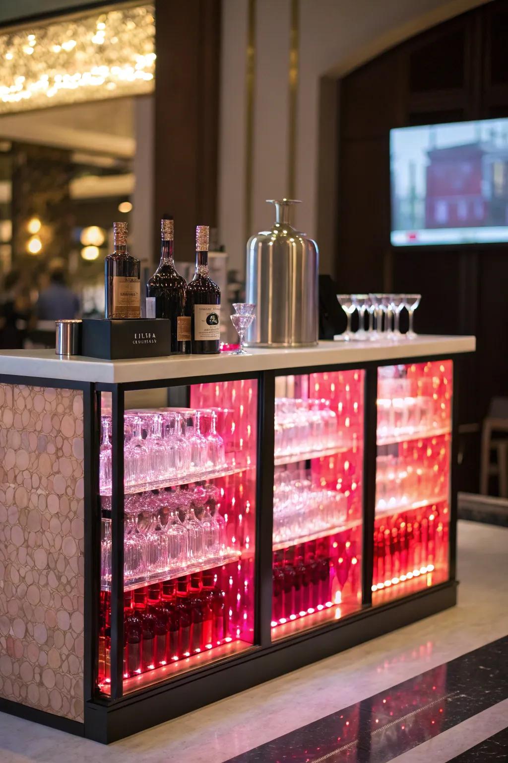 Backlit backsplash injects a glamorous touch into the home bar.