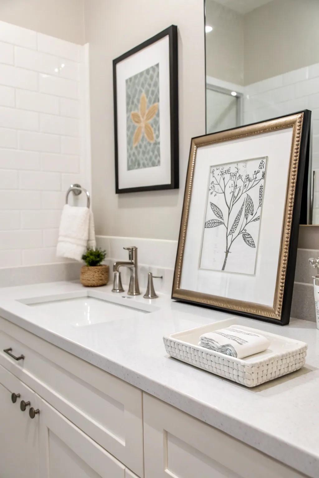Minimal design adds a personal touch to the bathroom decor.