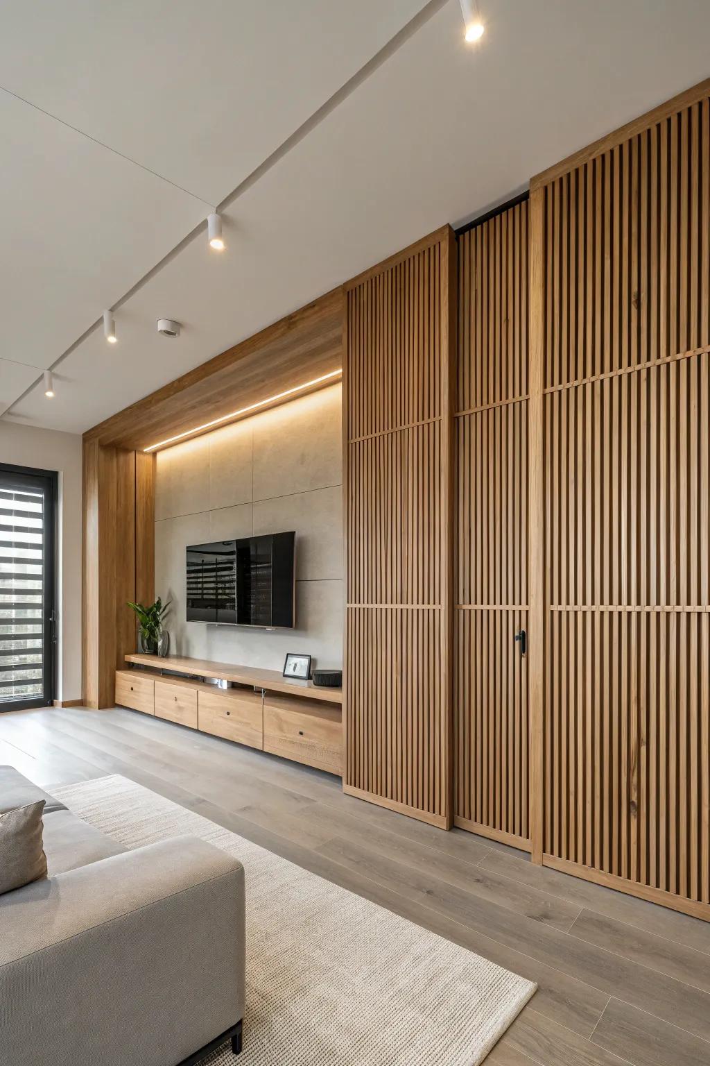 Timber slat panels add elegance and texture to the minimalist design.