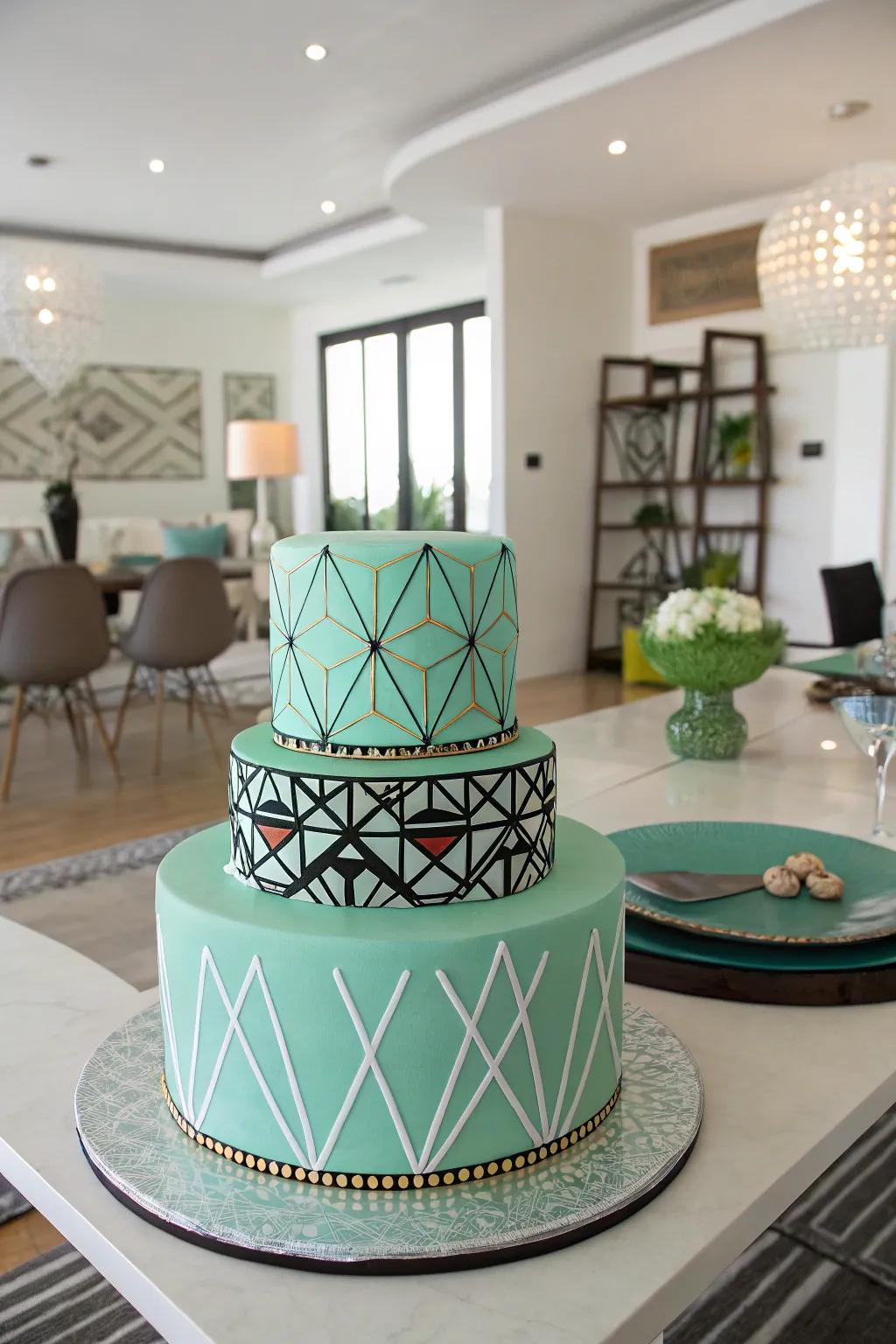 A seafoam confection featuring contemporary geometric configurations.