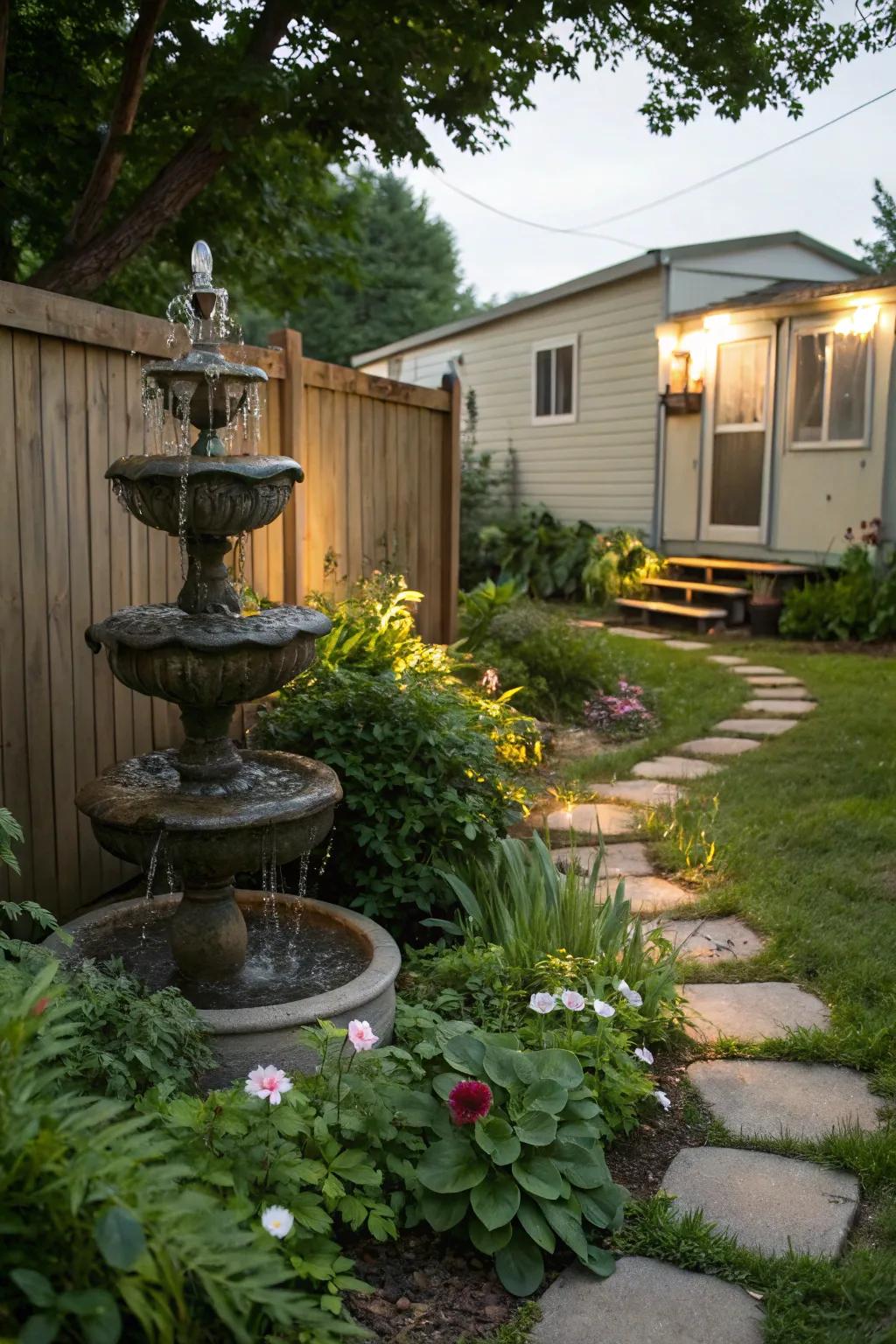 A small water fountain introducing serenity to a manufactured home garden.