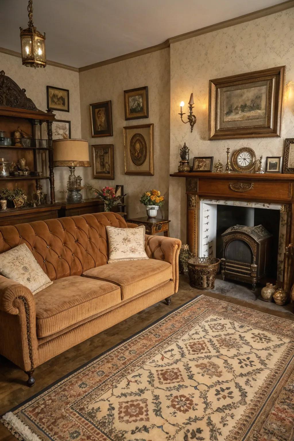 Classic facets inject appeal and nostalgia into the cocoa-colored sofa zone.