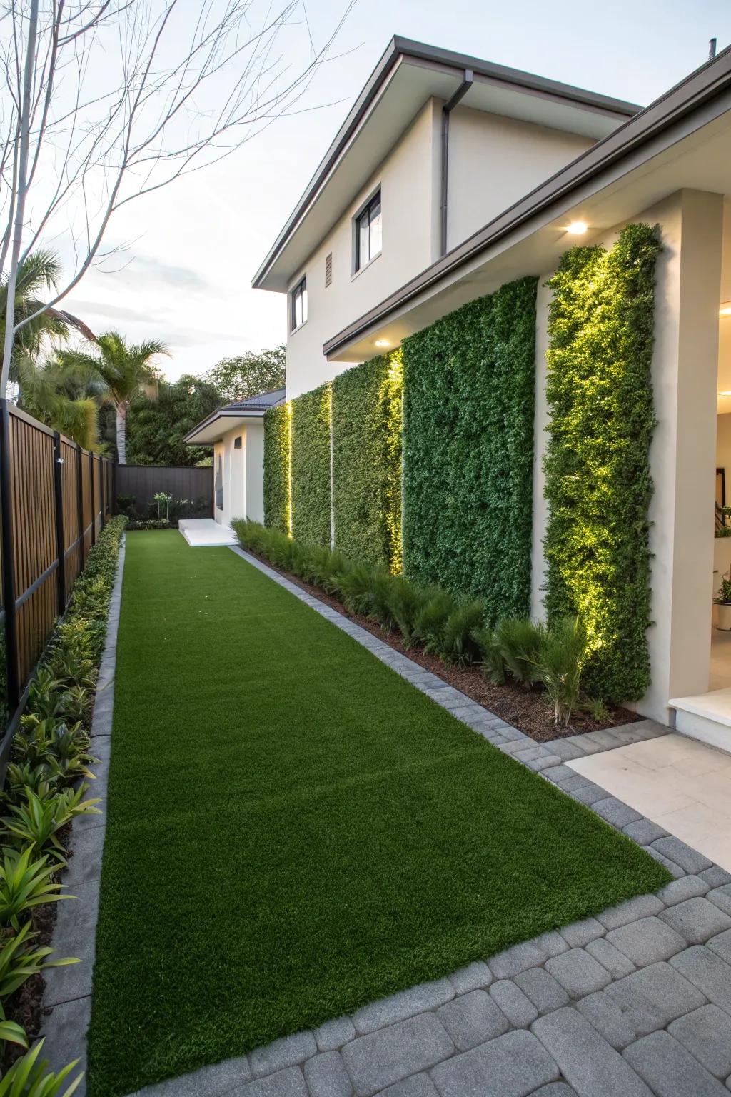 Vertical green installations enrich the artificial grass setting.