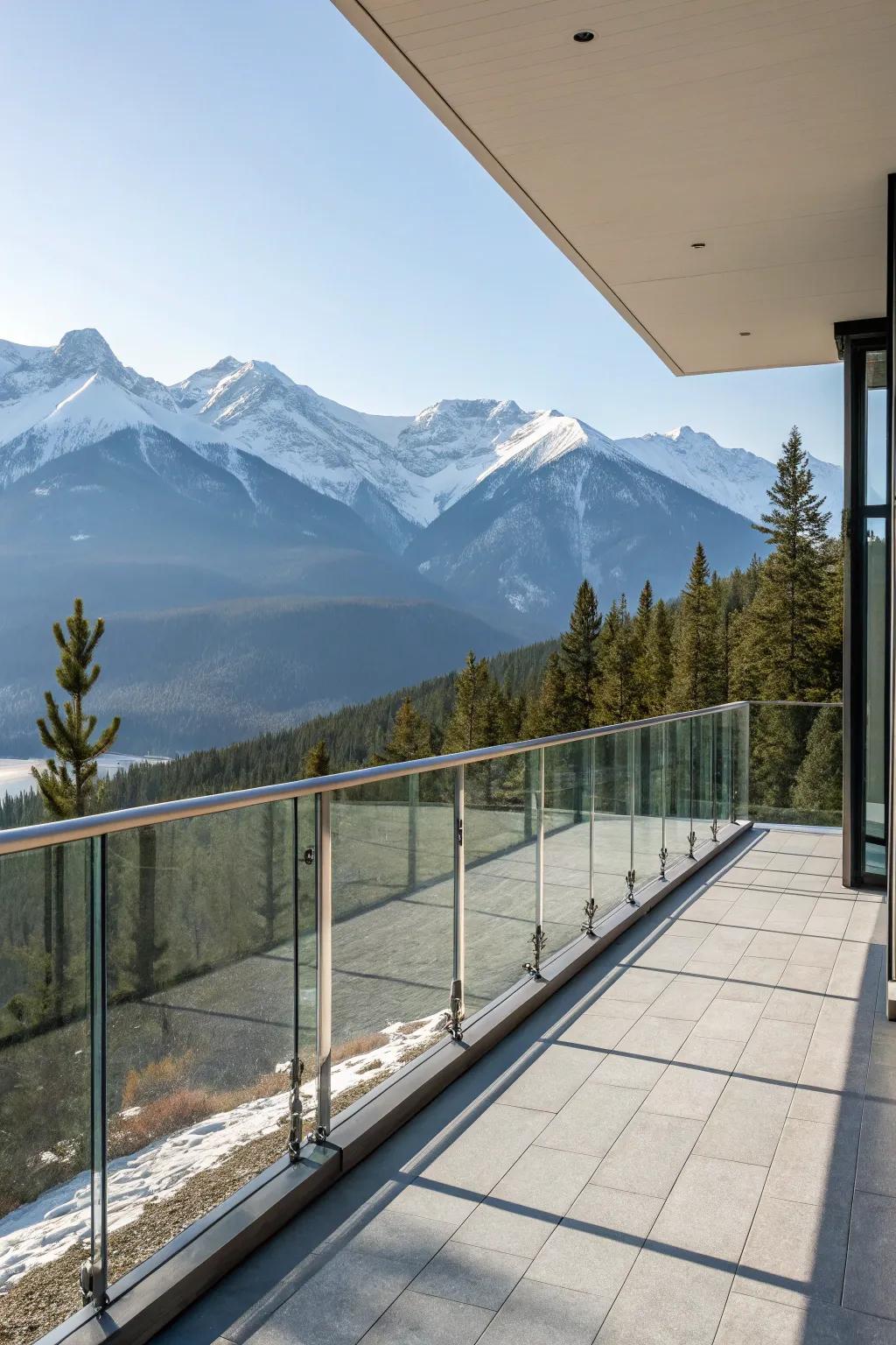 Balcony featuring floating crystal railings overlooking a mountain range