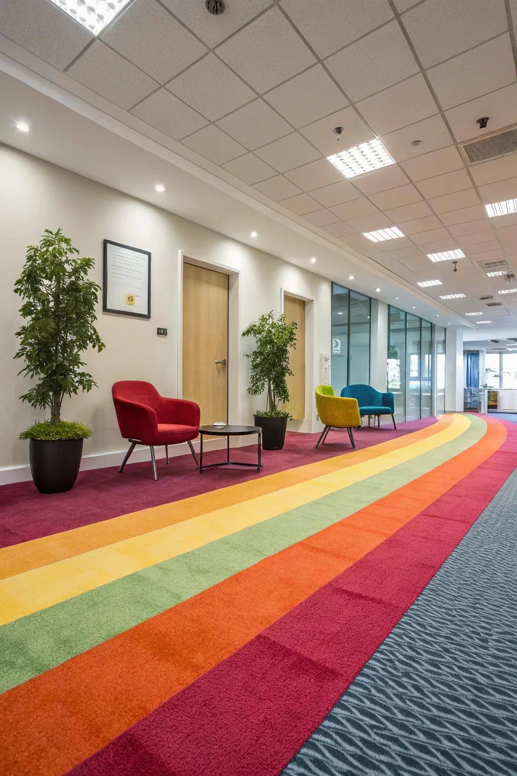 A modern room with a vibrantly colored floor covering injecting energy into the space