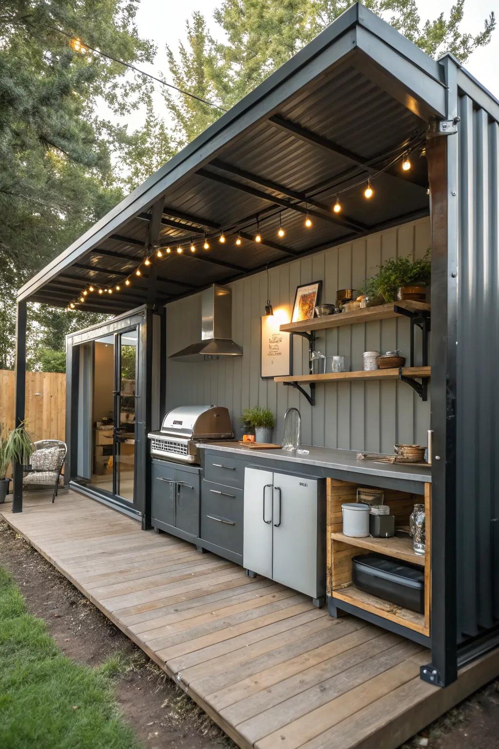 A container home with a creative outdoor kitchen, ideal for entertaining.