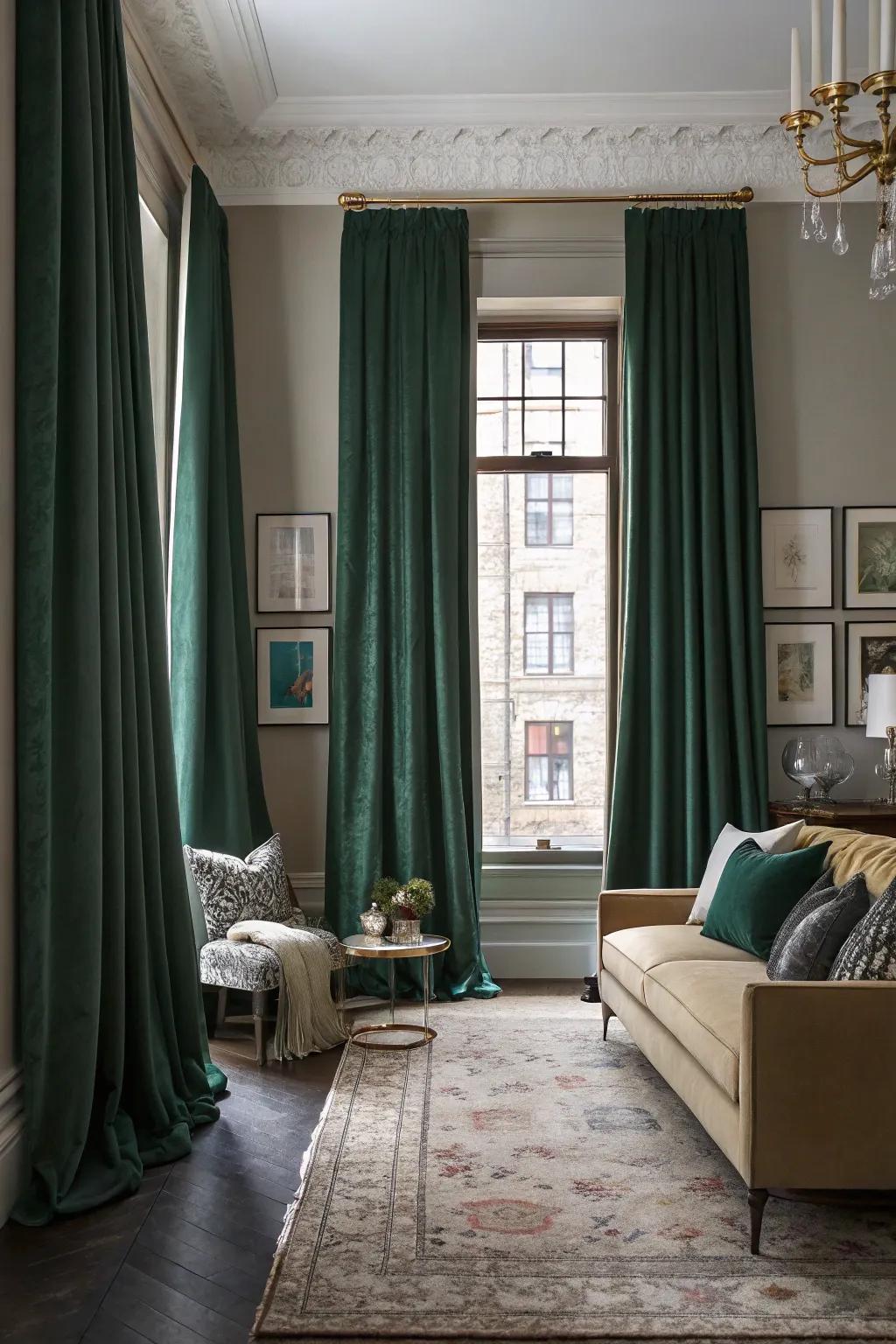 Emerald window coverings affix drama and elegance to your living space.