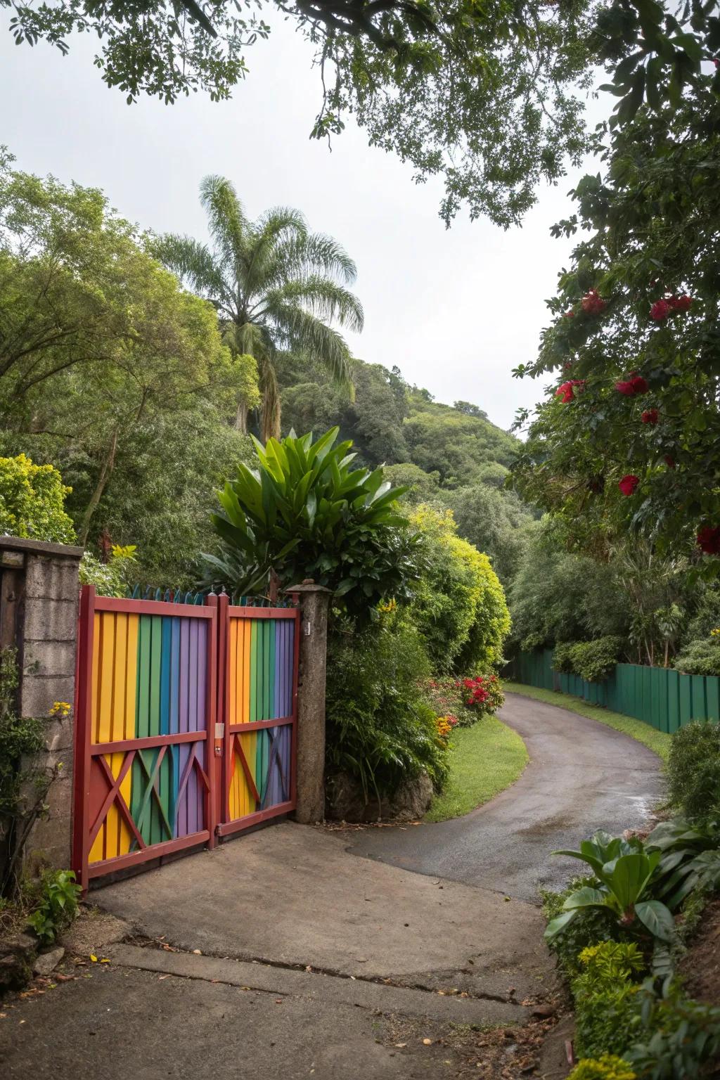 A splash of color transforms a driveway access into a vibrant focal point.