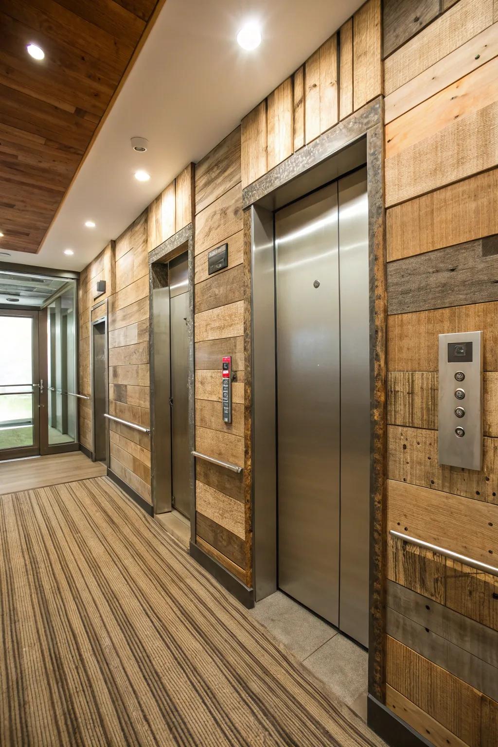 An eco-conscious elevator interior showcasing durable elements.