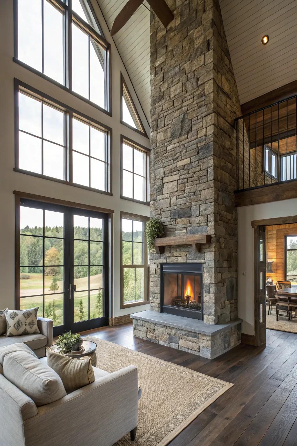 A dual-aspect hearth elegantly links dual areas.