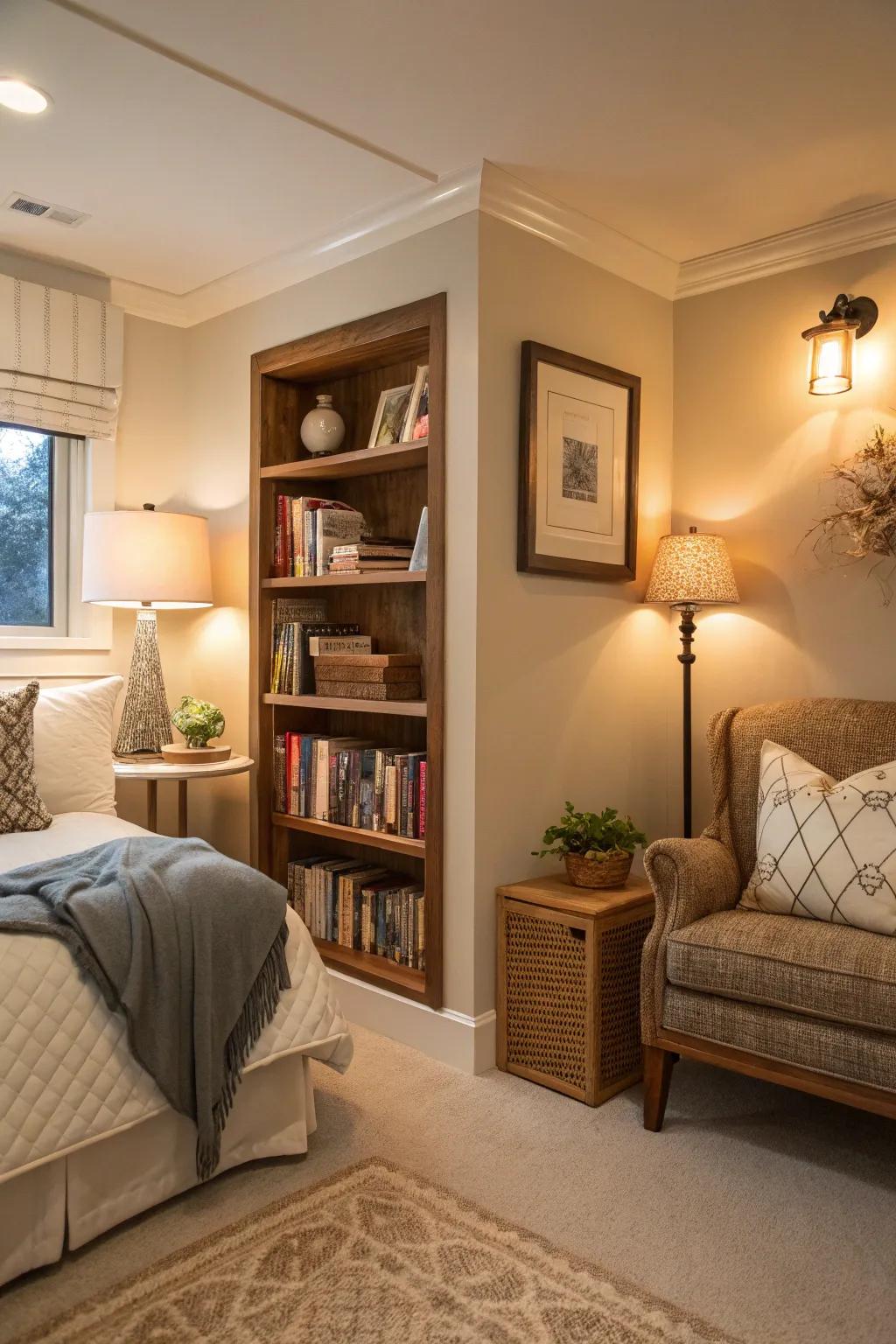 A reading space offers a tranquil retreat in this guest bedroom.