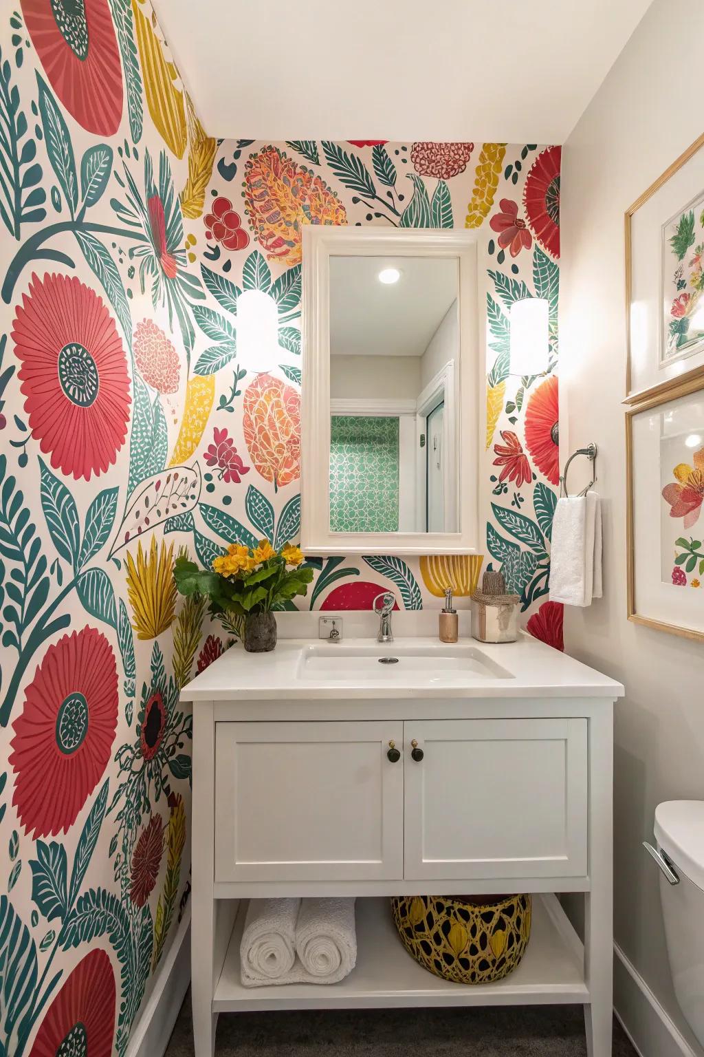 A bathroom presenting a vibrant wall covering accent wall for a daring statement.