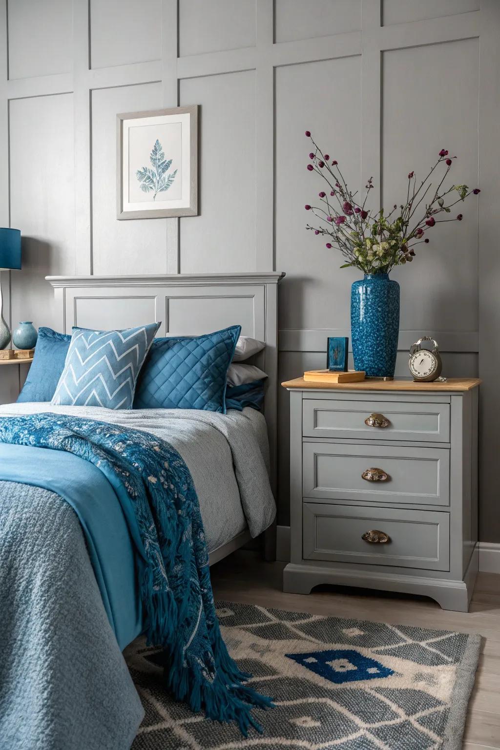Monochrome ash with azure adornments contributes sophistication to your bedroom.