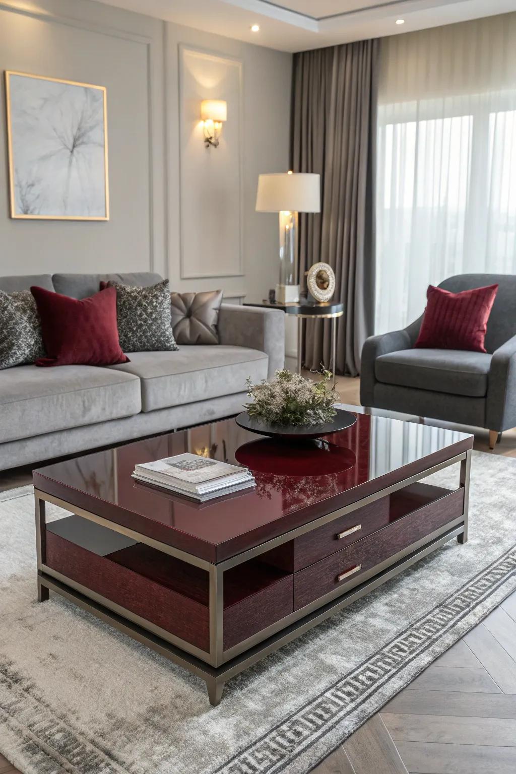 Living area featuring a contemporary coffee table detailed with wine accents and slate decor.