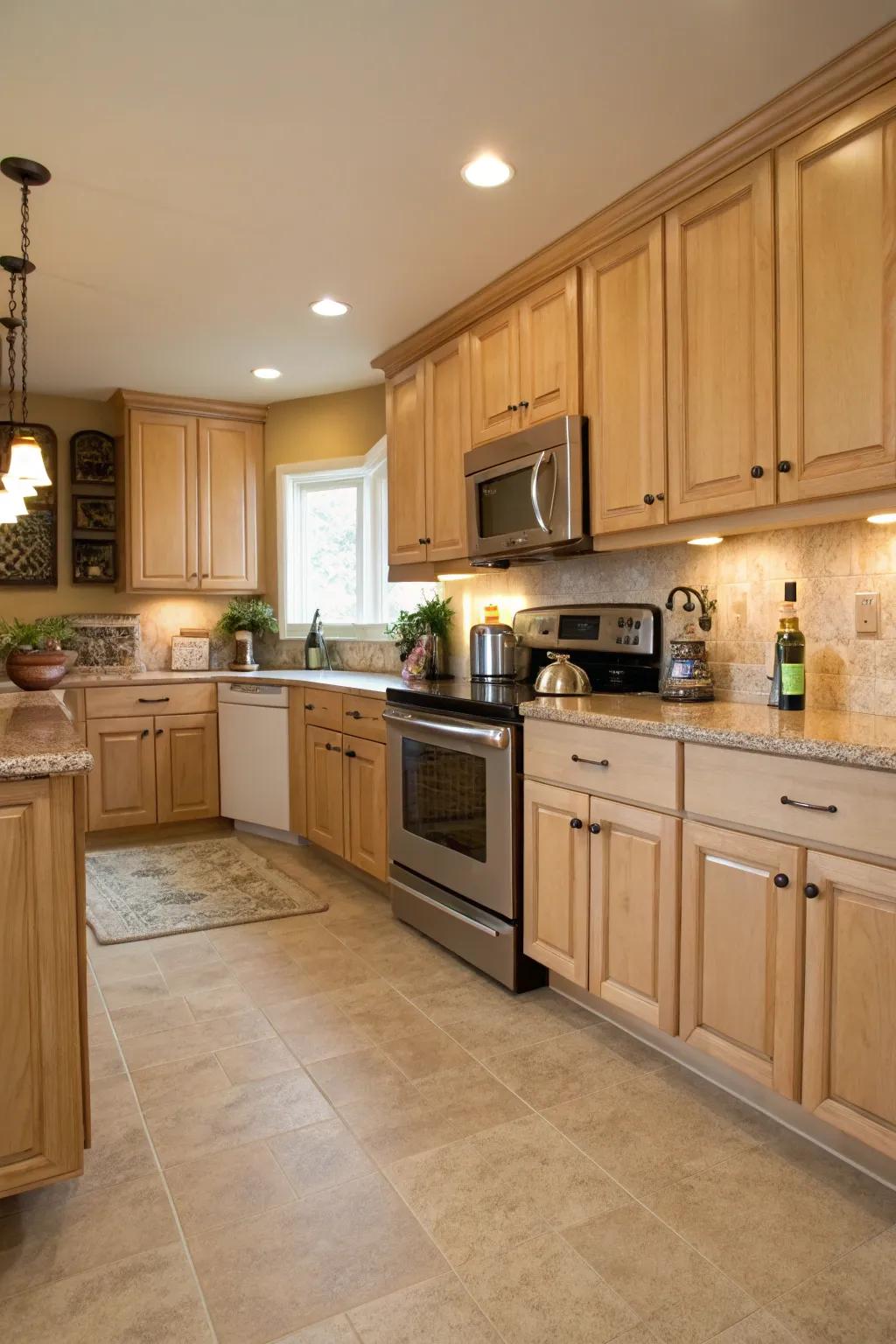Neutral flooring complements the warm tones of cream-colored pecan wood cabinets.