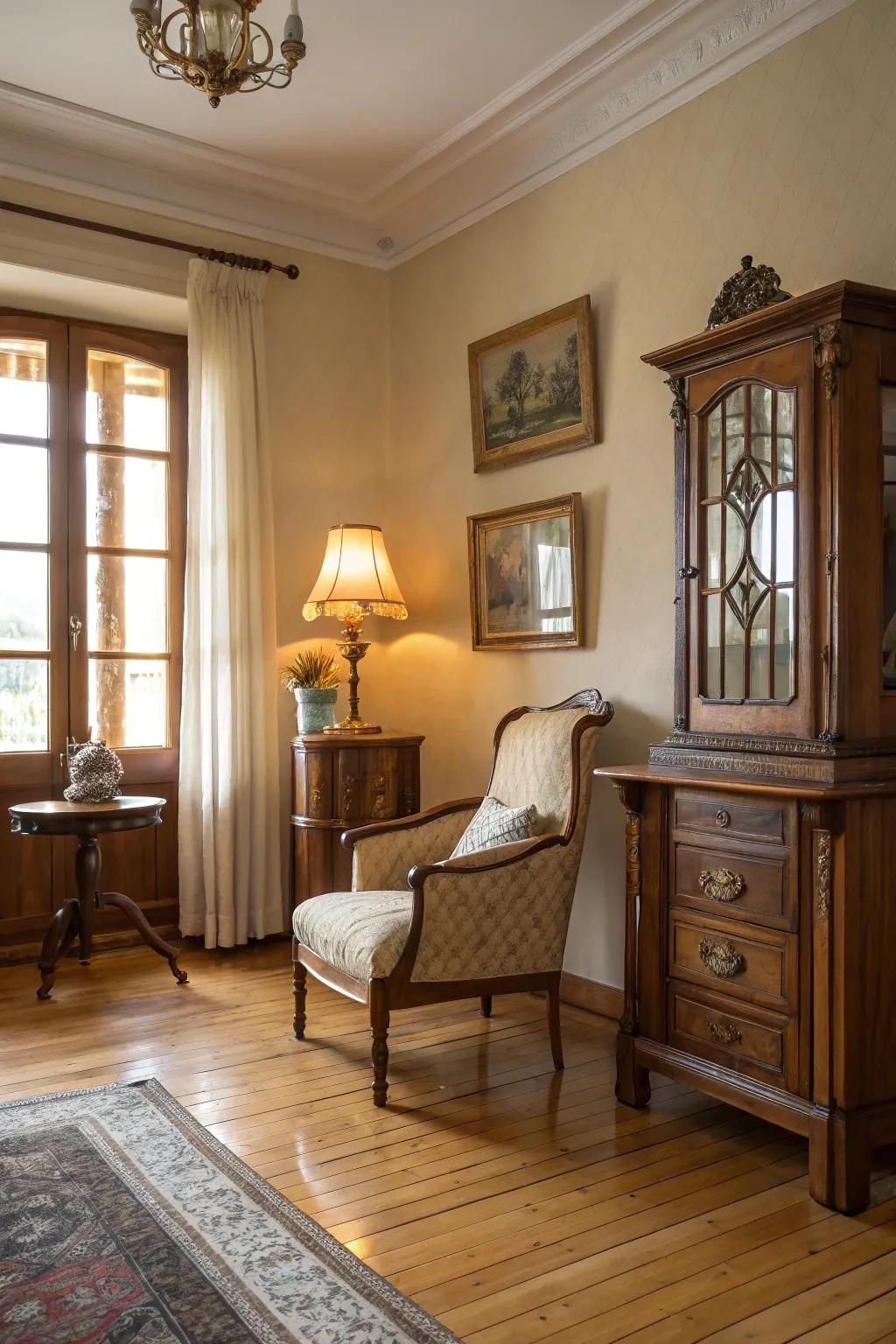 Vintage charm meets modern elegance on pale timber flooring.