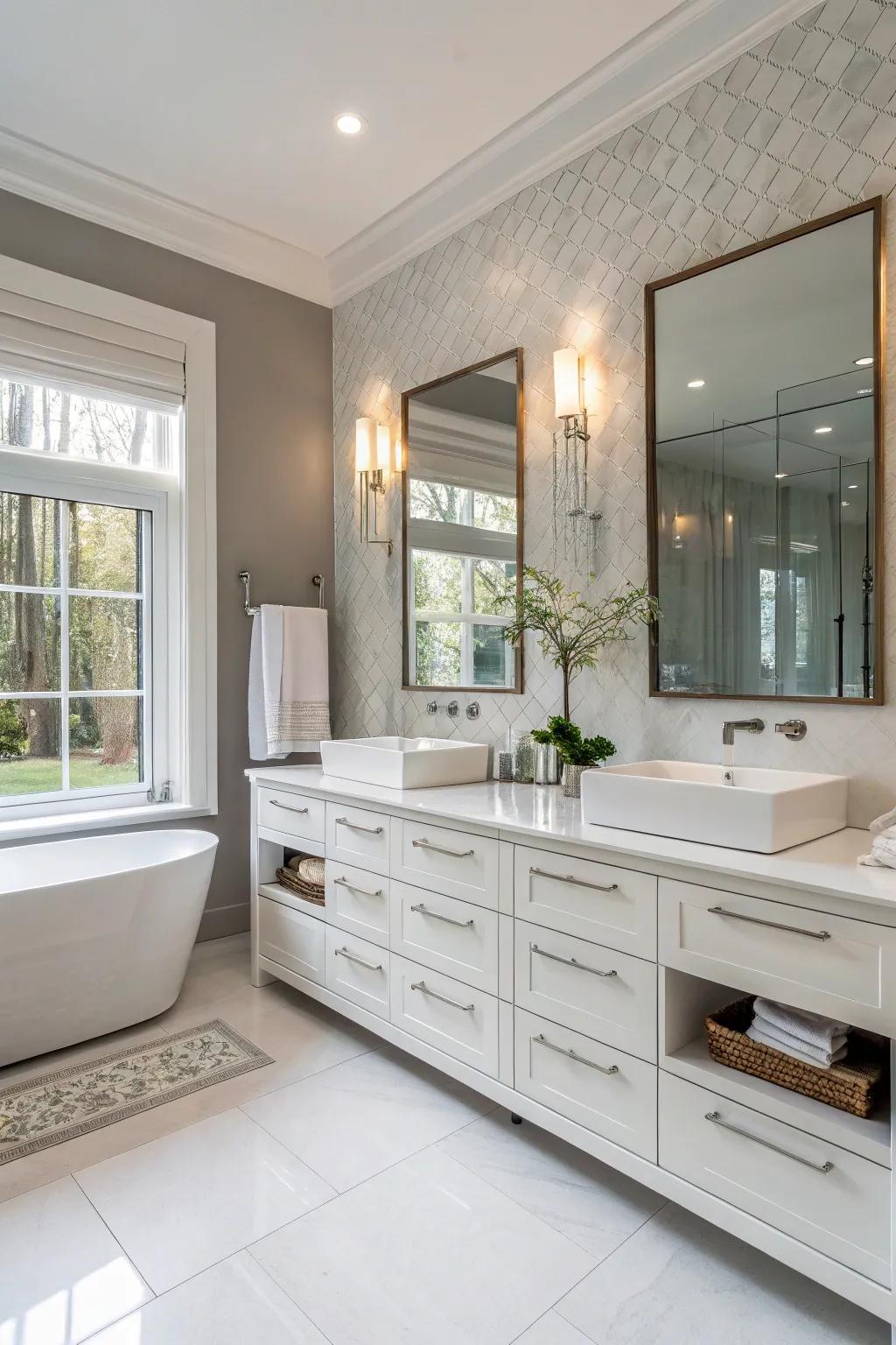 Drifting sink units provide a streamlined, contemporary aesthetic.