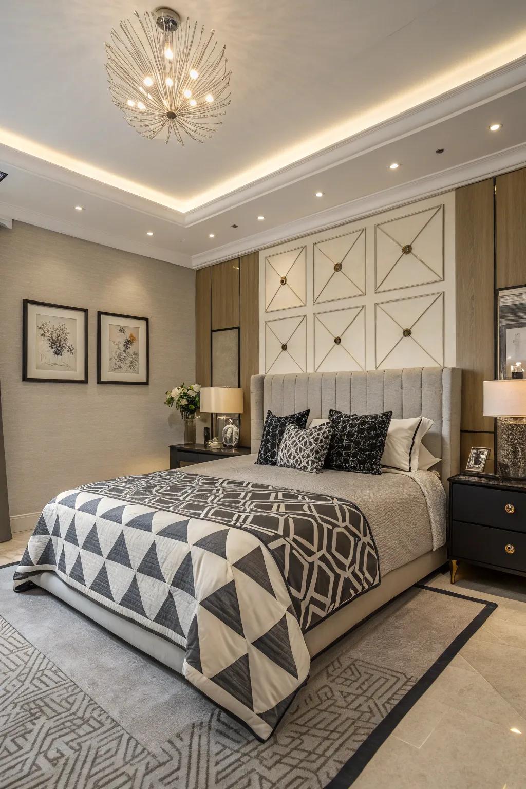 Geometric designs bring a modern edge to this bedroom.