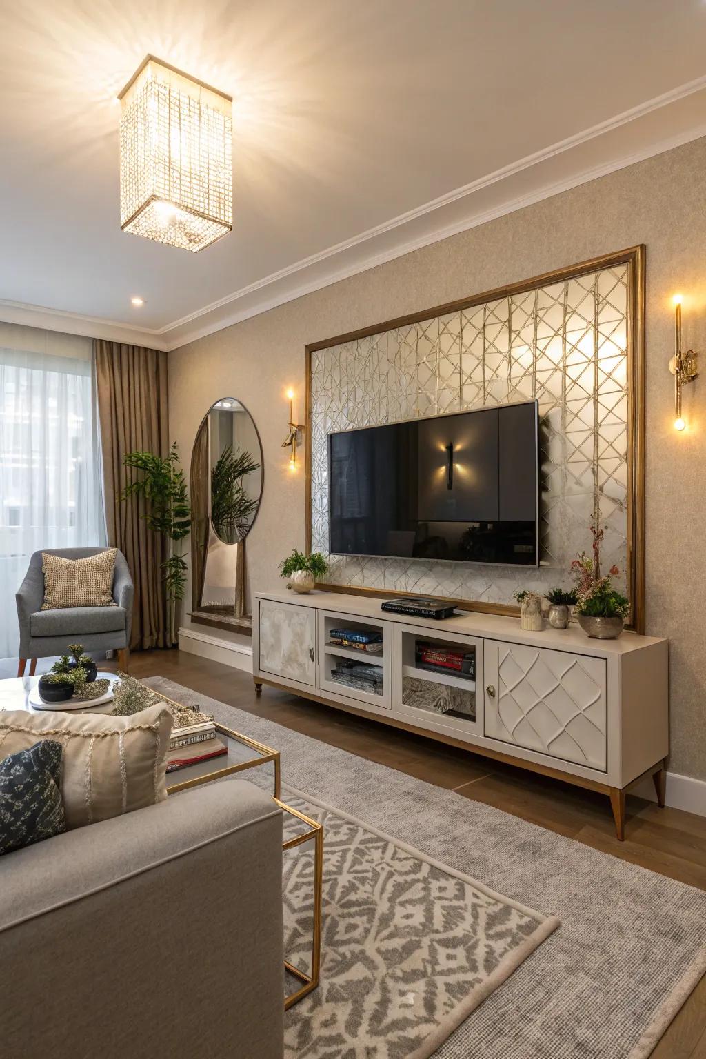 Mirrored illusions conceal the television for a streamlined and elegant media wall.