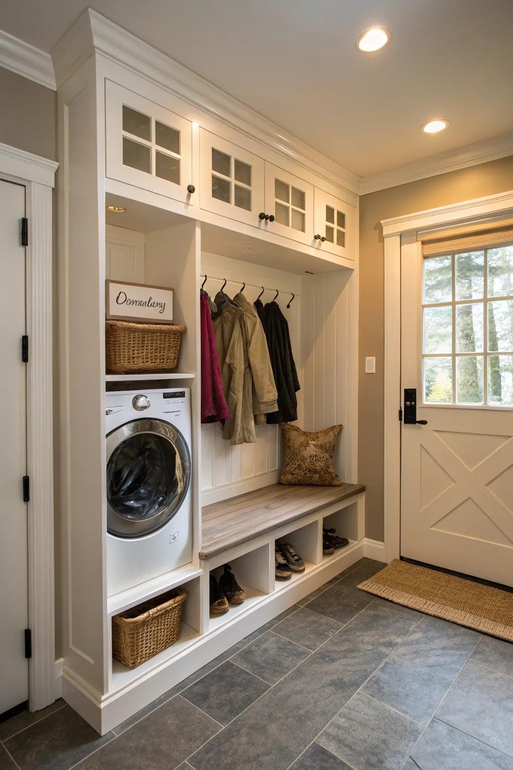A hidden laundry corner maximizes mudroom efficiency.