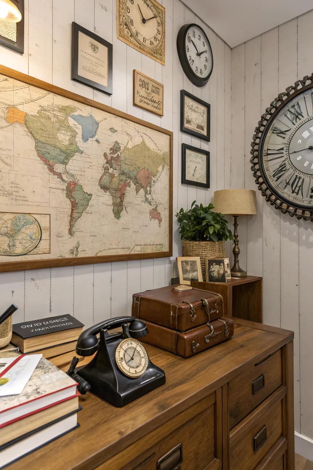 Classic decor enhances the nostalgic charm of a rustic office.