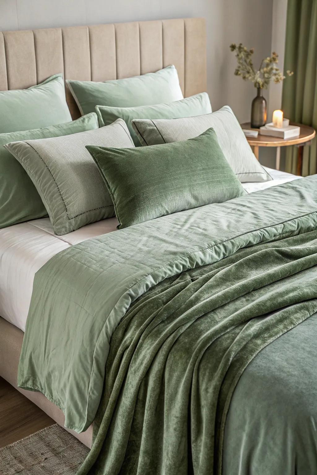 Mixed avocado-toned feels enhance the bedroom’s cozy appeal.