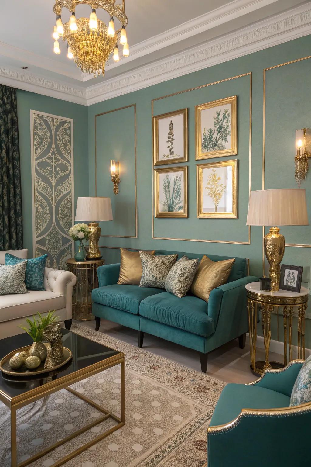 Metallic finishes amplify the opulence of Aquatic Green in this sophisticated setting.