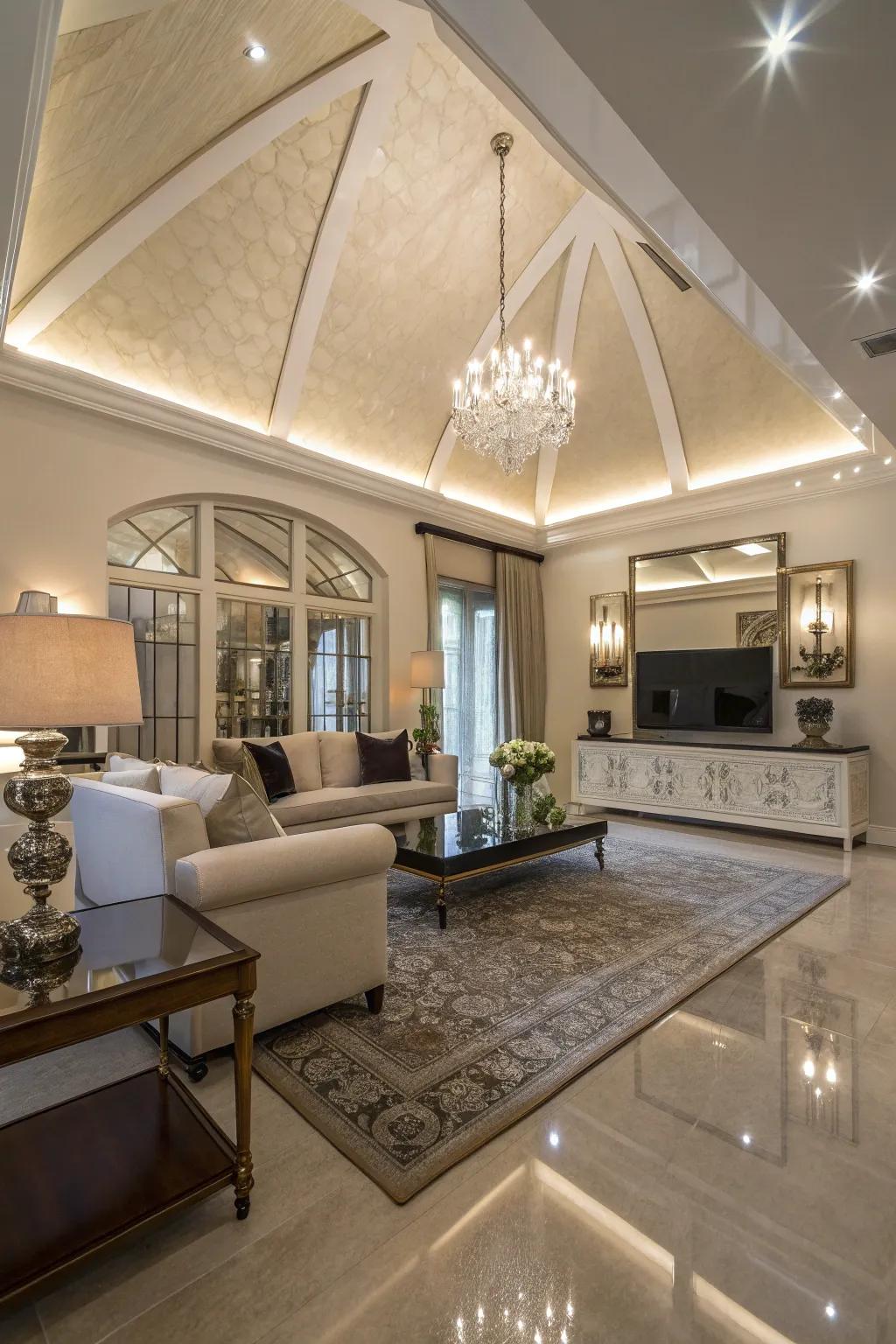 Reflective surfaces enhance light and space, adding glamour to this living room.
