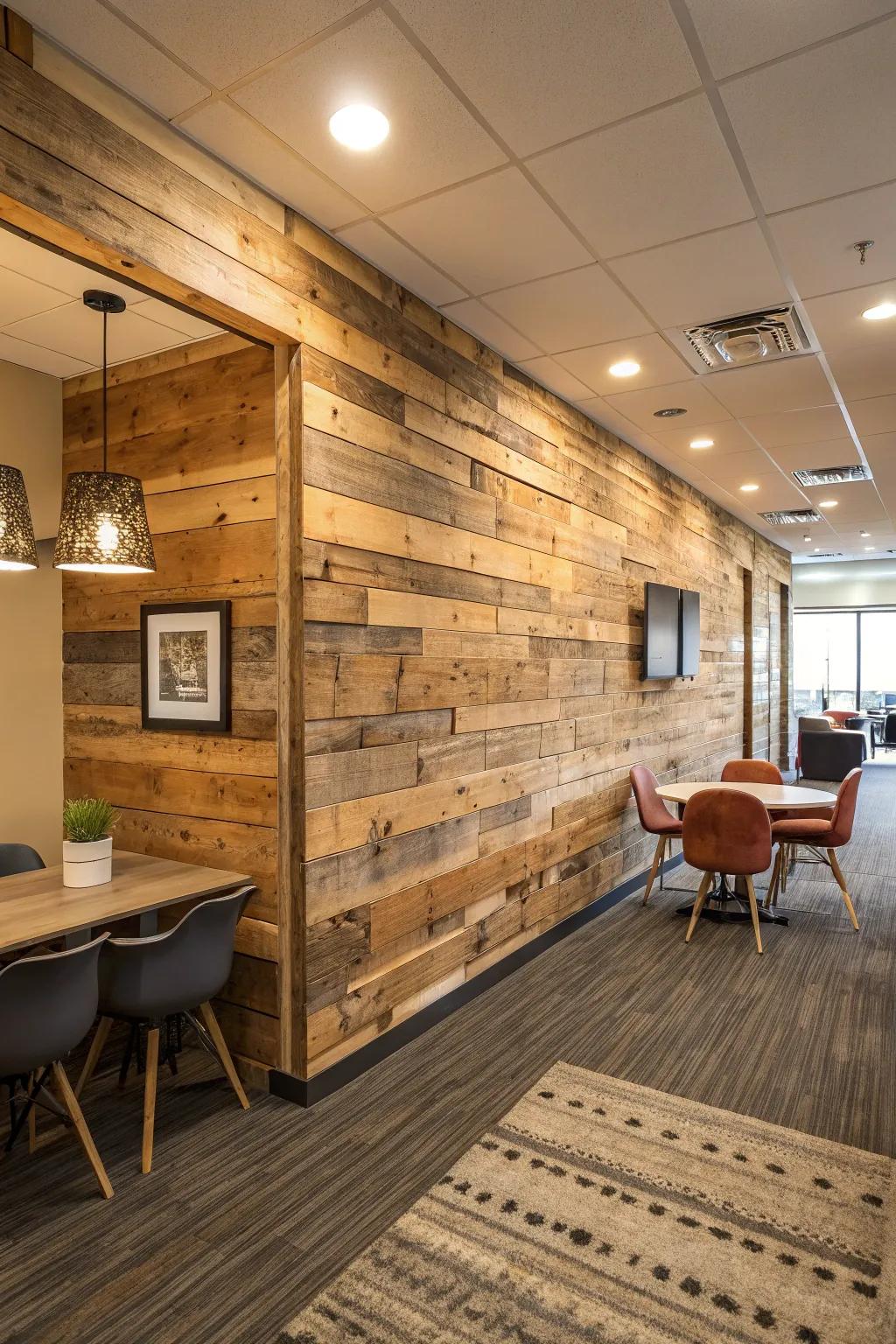 Used wood boards gives warmth to a modern work space.